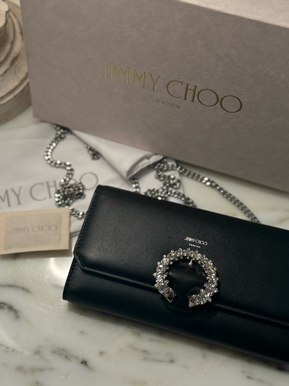 Jimmy Choo Black Leather Crystal Horseshoe Wallet-on-Chain